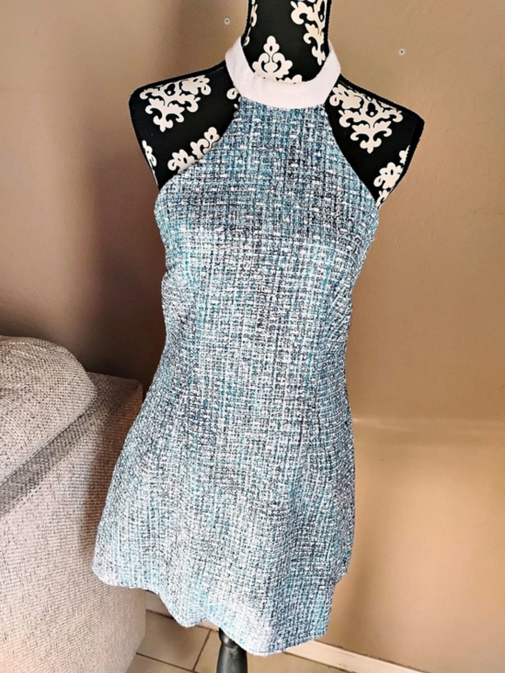 Cider Tweed Halter Mini Dress in Baby Blue & White Size Medium